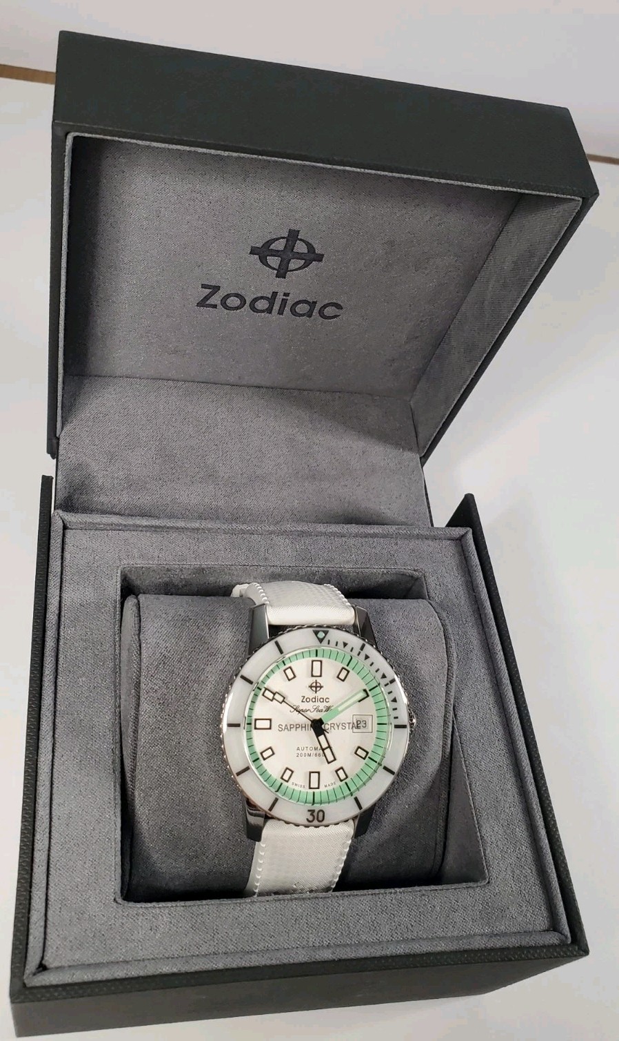 Zodiac Super Sea Wolf Diver Automatic White Teal Dial Rubber Watch ZO9309 $1589