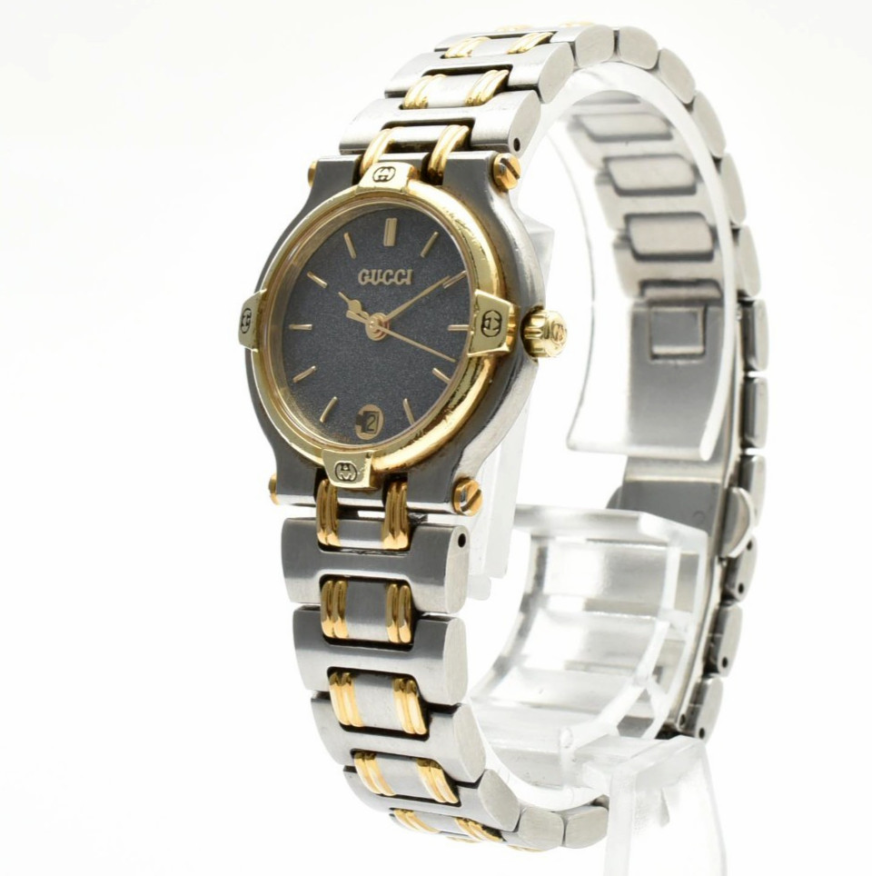 Vintage [N MINT] GUCCI 9000L Black Dial Gold Two Tone 24mm Qz Ladies Watch JAPAN
