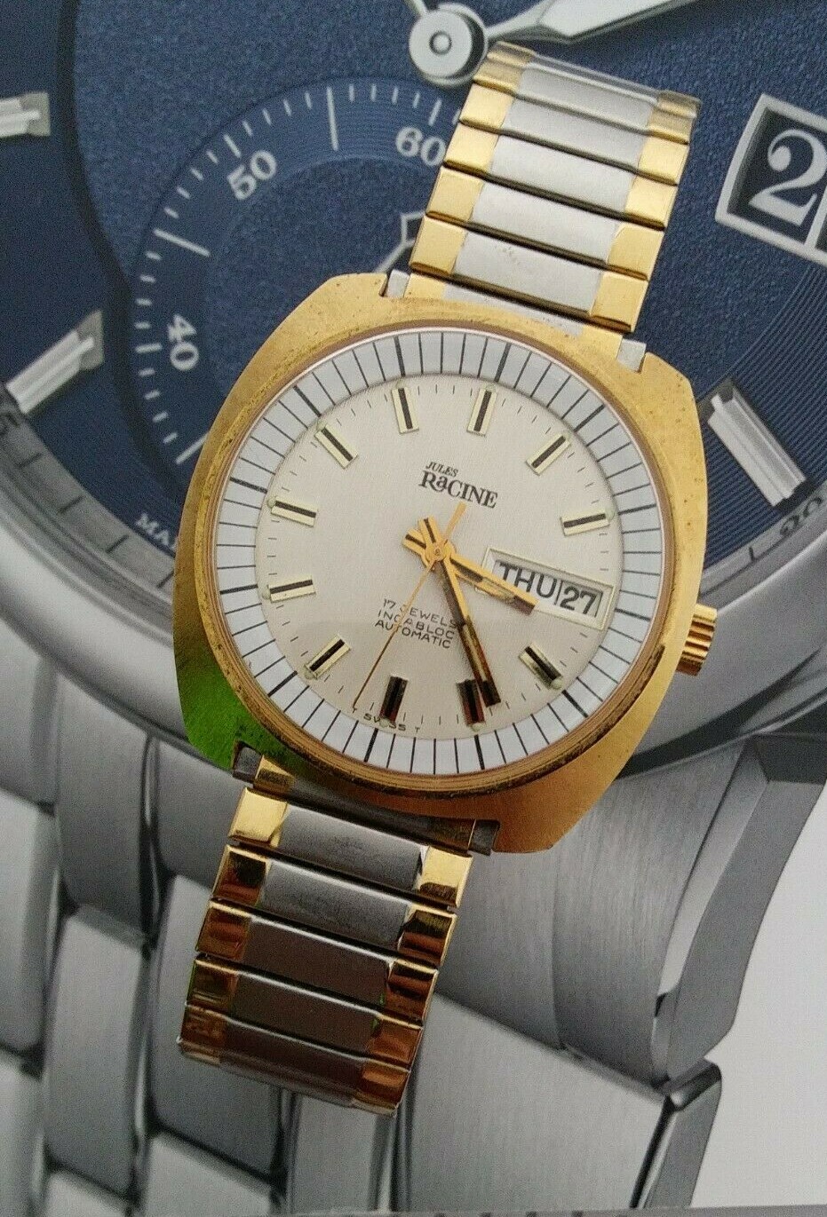 1970s Mens Jules Racine Gallet Automatic Incabloc 17 jewels Day Date Wrist Watch