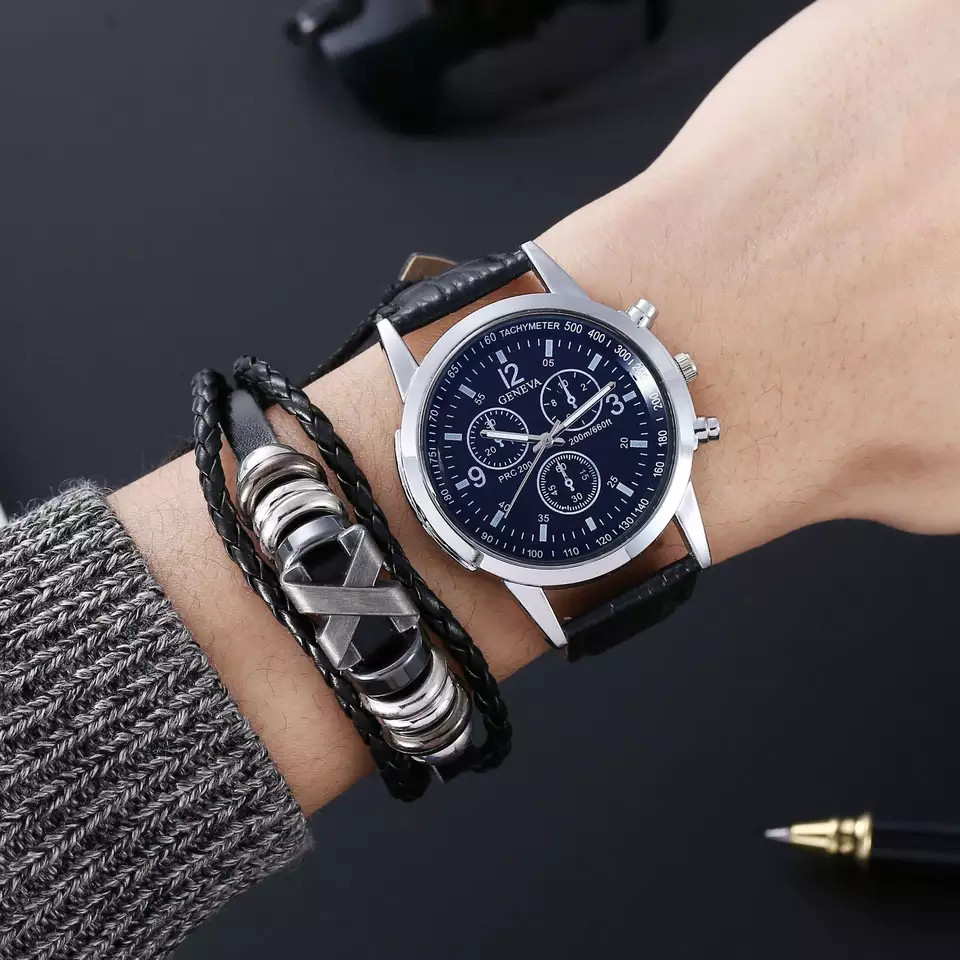 Classy Watch/Bracelet Combo Gift Set ||Black/Brown, Metal Beads, White/Blue face
