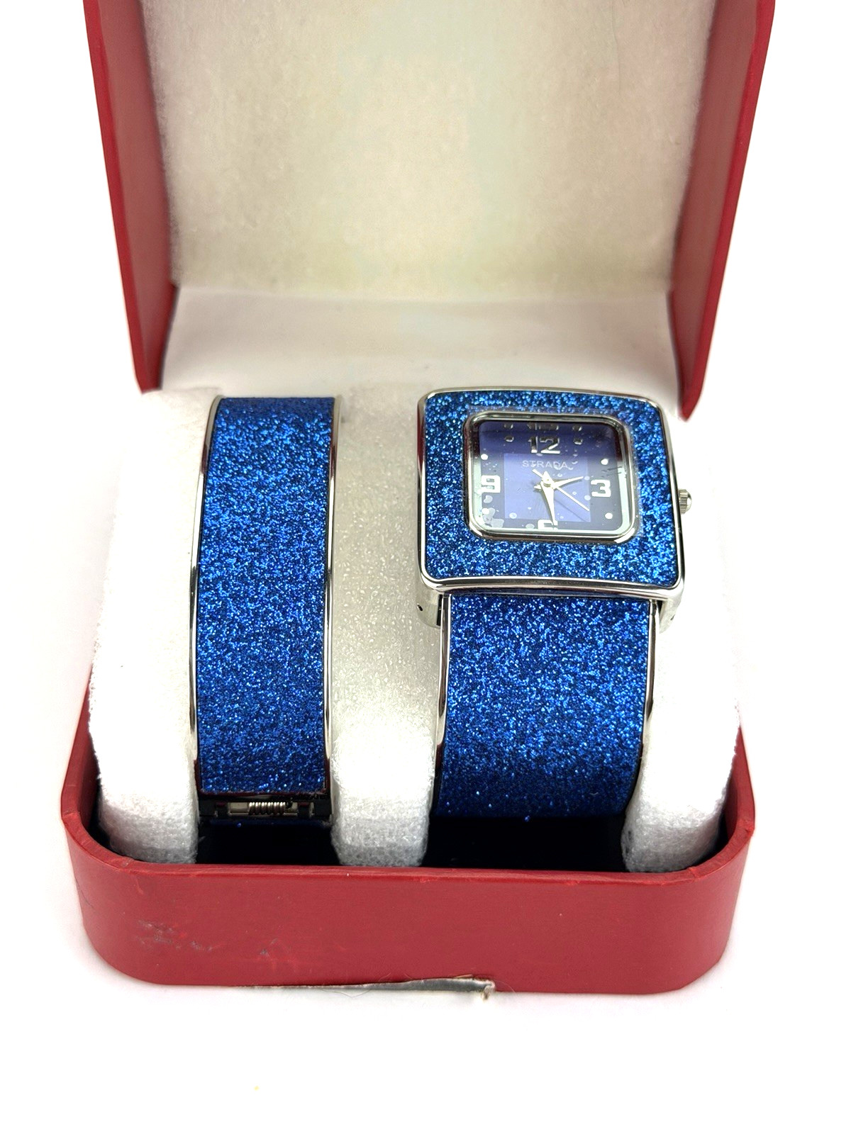 Strada Blue Stardust Watch Set w Glitter Cuff Bracelet and Gift Box NEW BATT