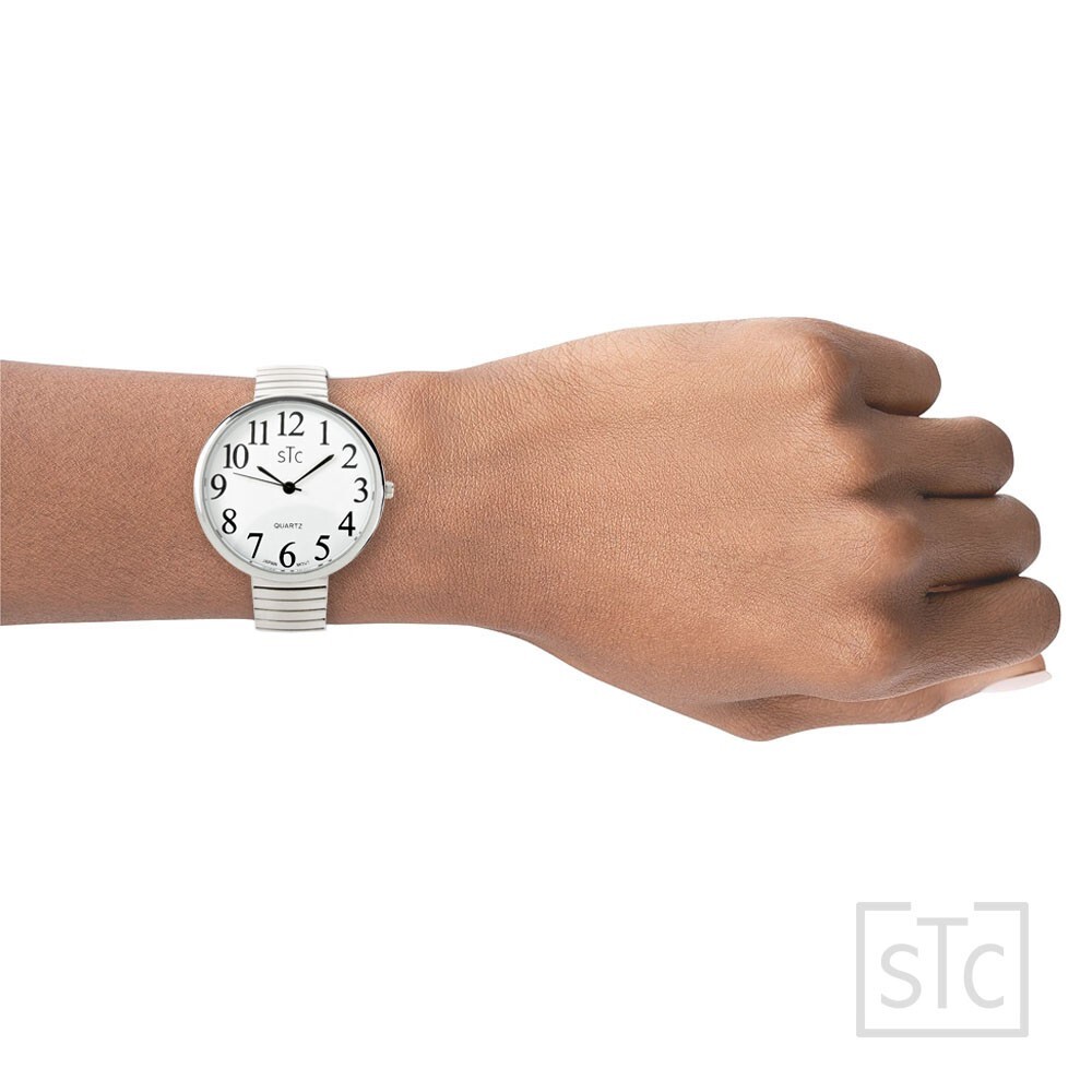 STC Silver Super Large Face Easy to Read Stretch Band Watch – New in Box