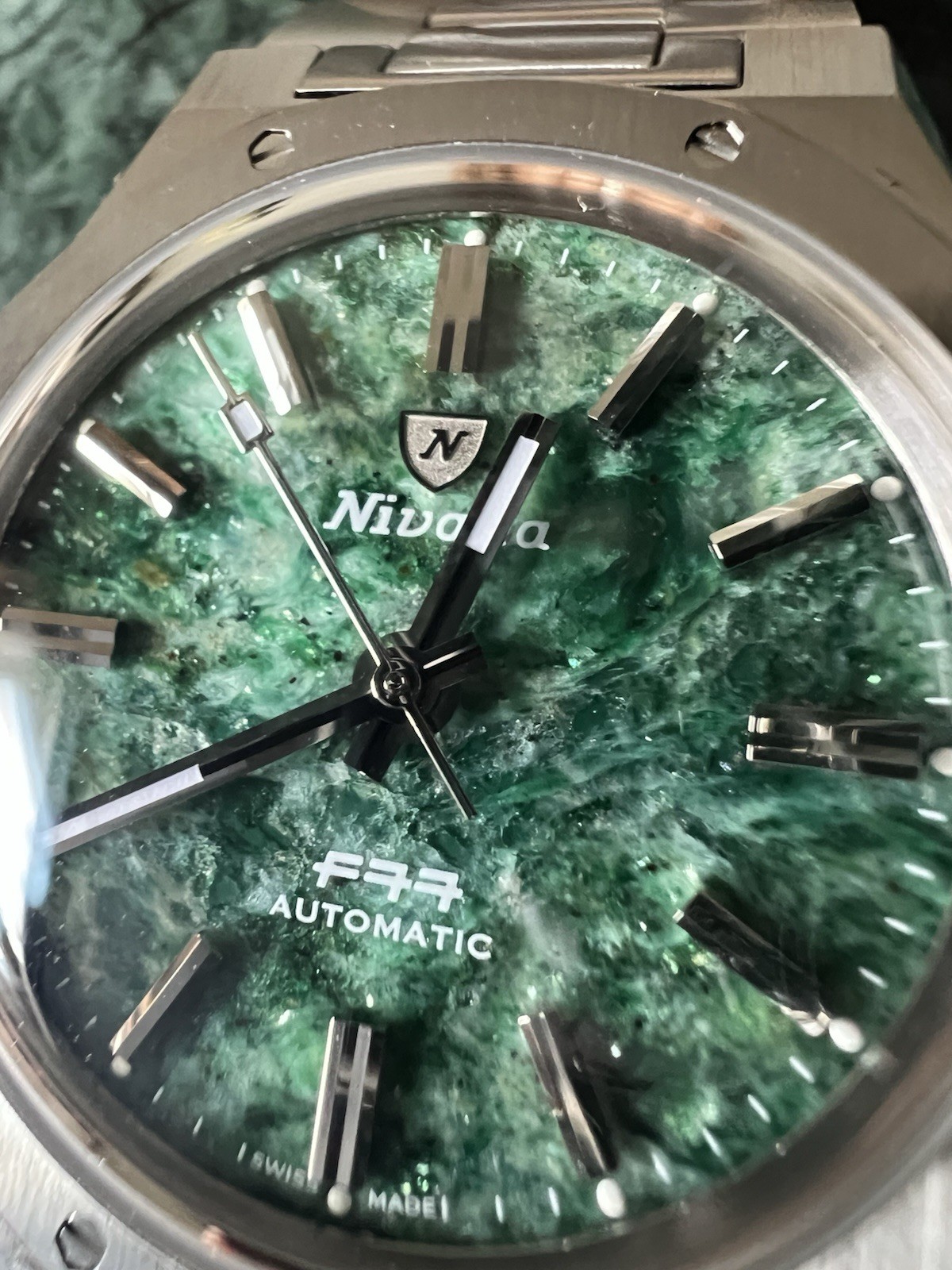 Nivada Grenchen F77 Automatic Stainless Steel Green Aventurine Dial Watch