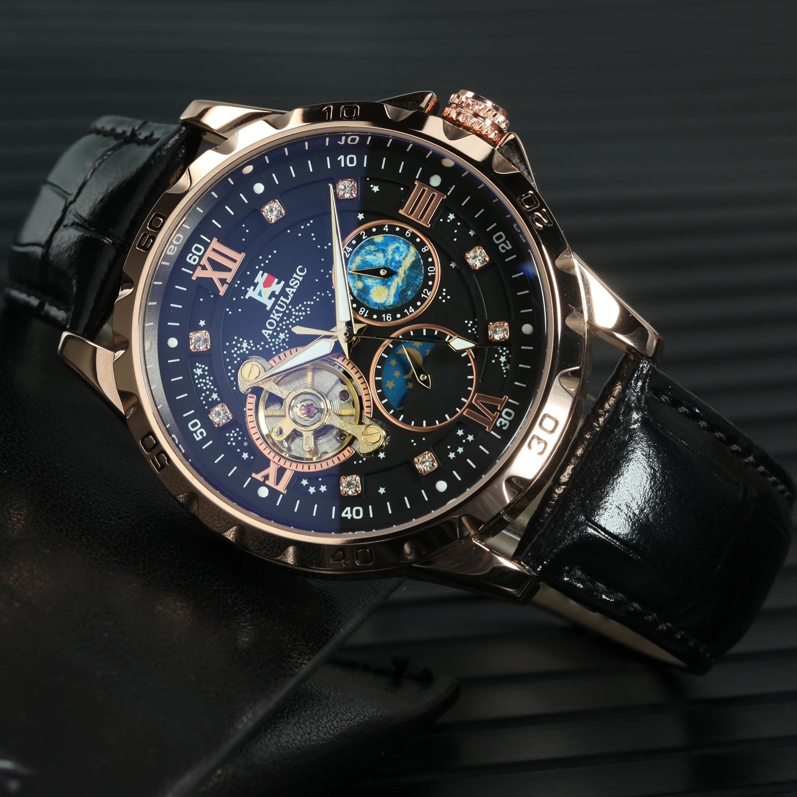 AOKULASIC Tourbillon Skeleton Mechanical Watches Starry Sky Moon Phase Dial Stee