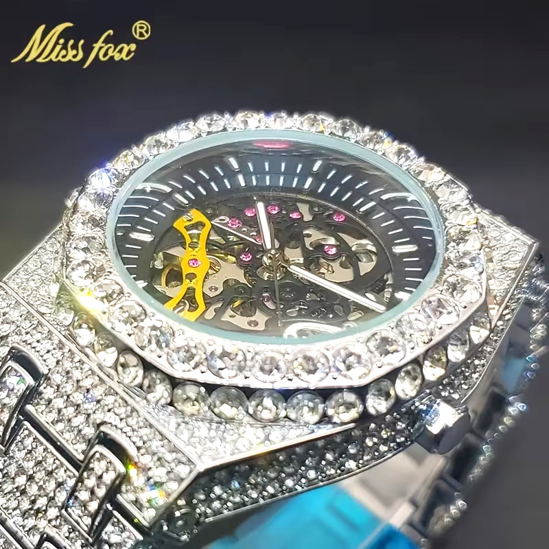 Luxury Automatic Mechanical Watch Shiny Rhinestone Jewelry Watch  Fashion Men