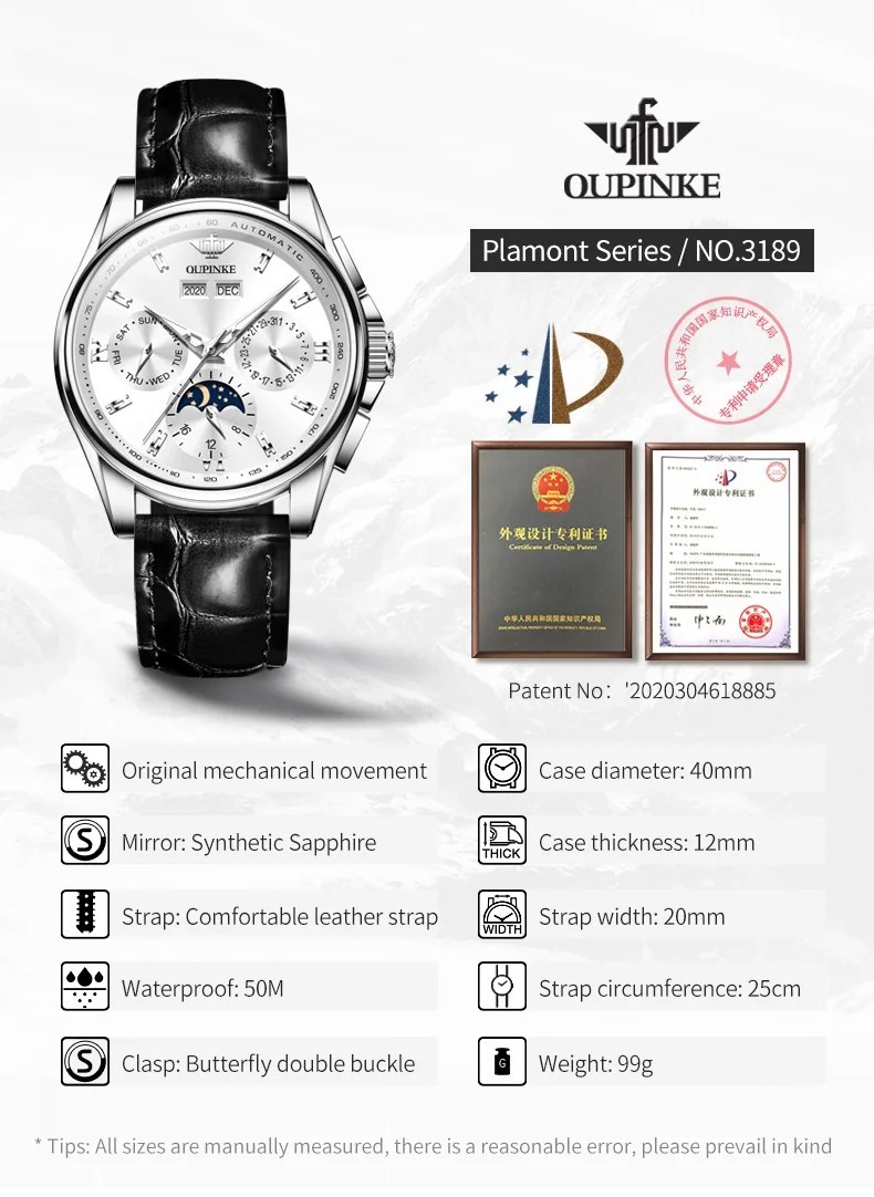 Automatic Mechanical Watch Waterproof Moon Phase Luxury Dial Men Men’s Strap