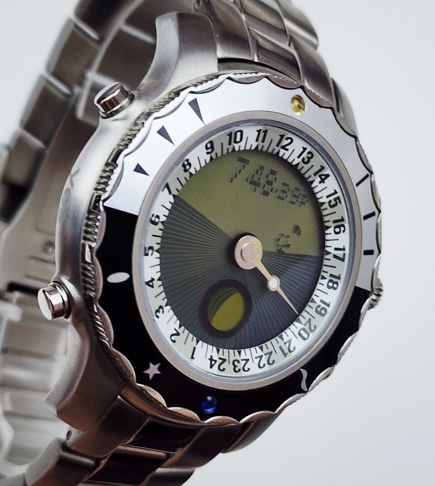 Men MOONPHASE ANALOG-DIGITAL Watch YES “Solstice”. Sunset/Sunrise. Alarm. In BOX