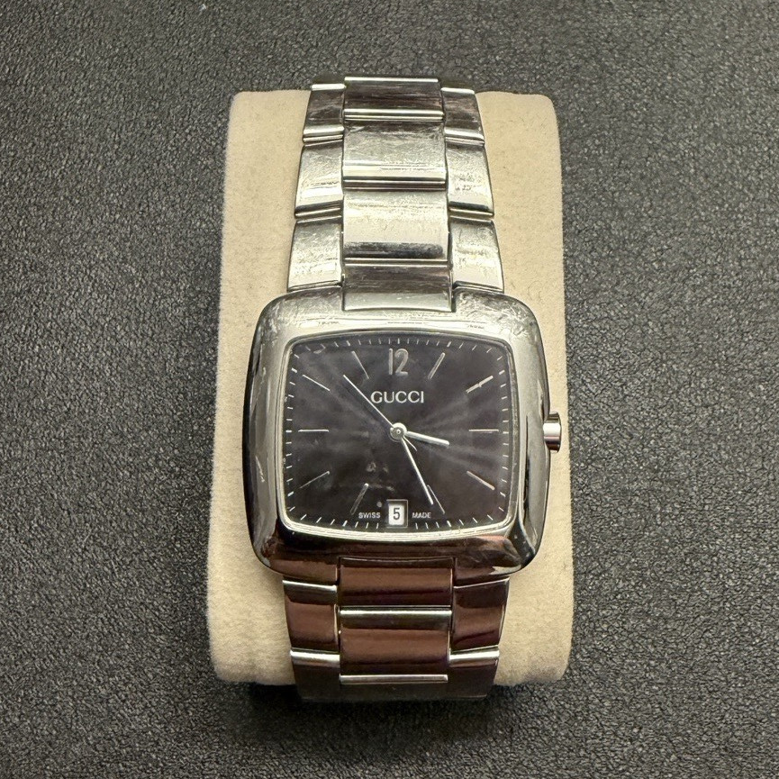 Gucci Square Silver Stainless Steel Watch Black Dial Quartz Date Silver Bracelet