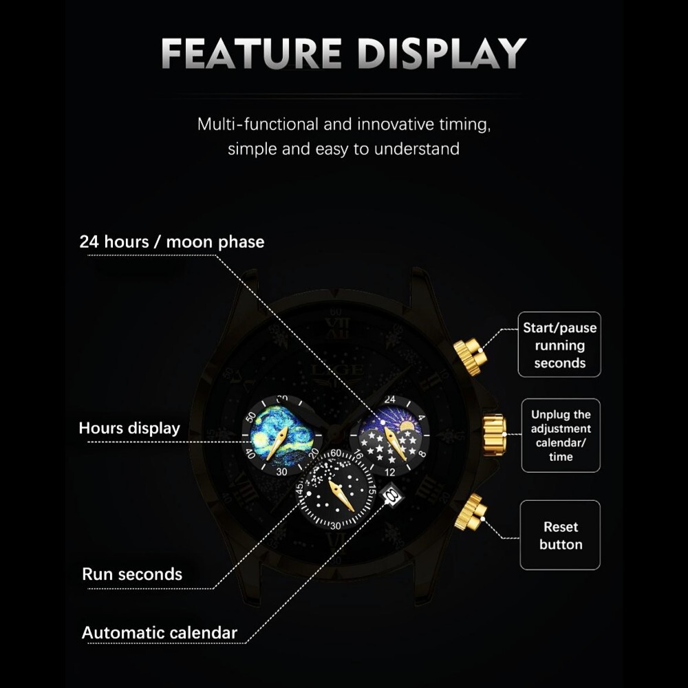 LIGE Men Watch Quartz Date Moonphase Waterproof Luminous Sport Casual Wristwatch