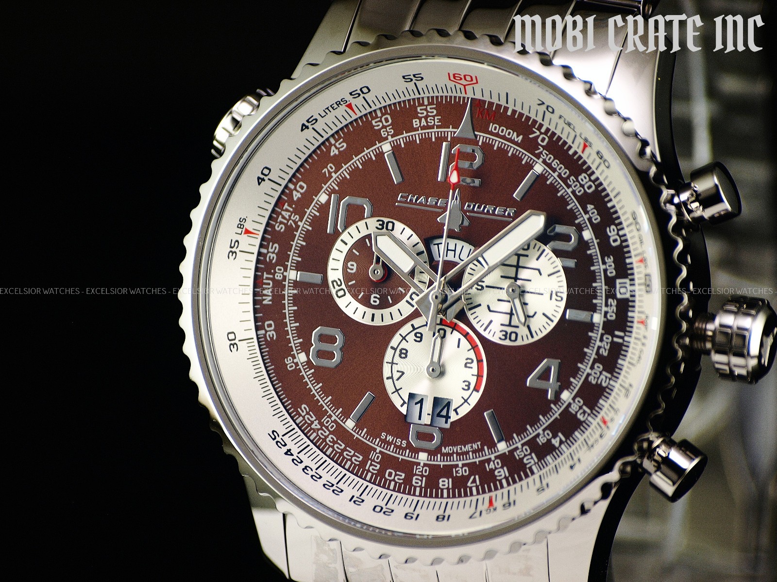 NEW CHASE DURER CDW-0015 FLIGHT COMMANDER SWISS CHRONO SAPPHIRE BROWN SS WATCH