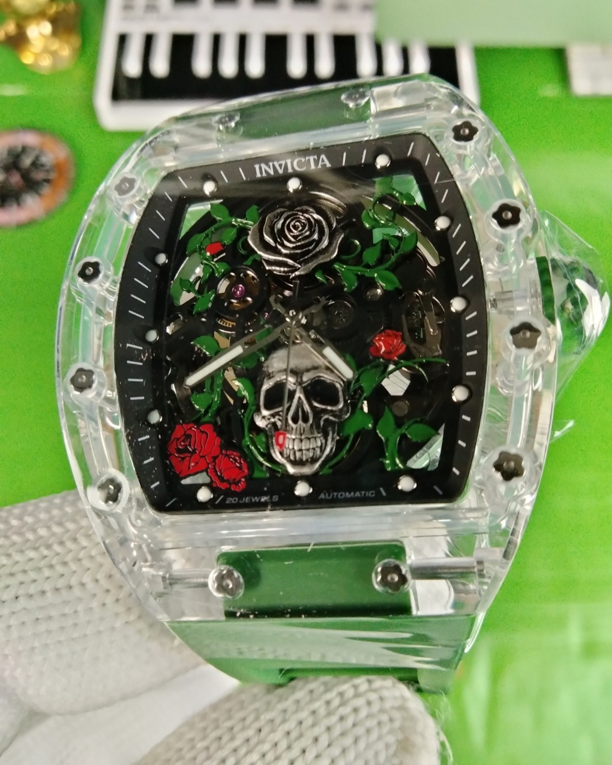 Invicta Roseskull Artist Automatic Men Watch 69497 K9 Glass Case Grn Strap WR30M
