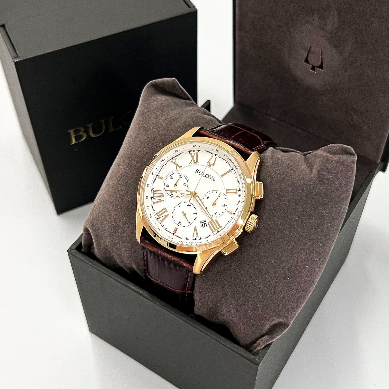 Bulova Men’s Classic Wilton 97B169 White Dial Brown Leather Quartz Watch 46mm