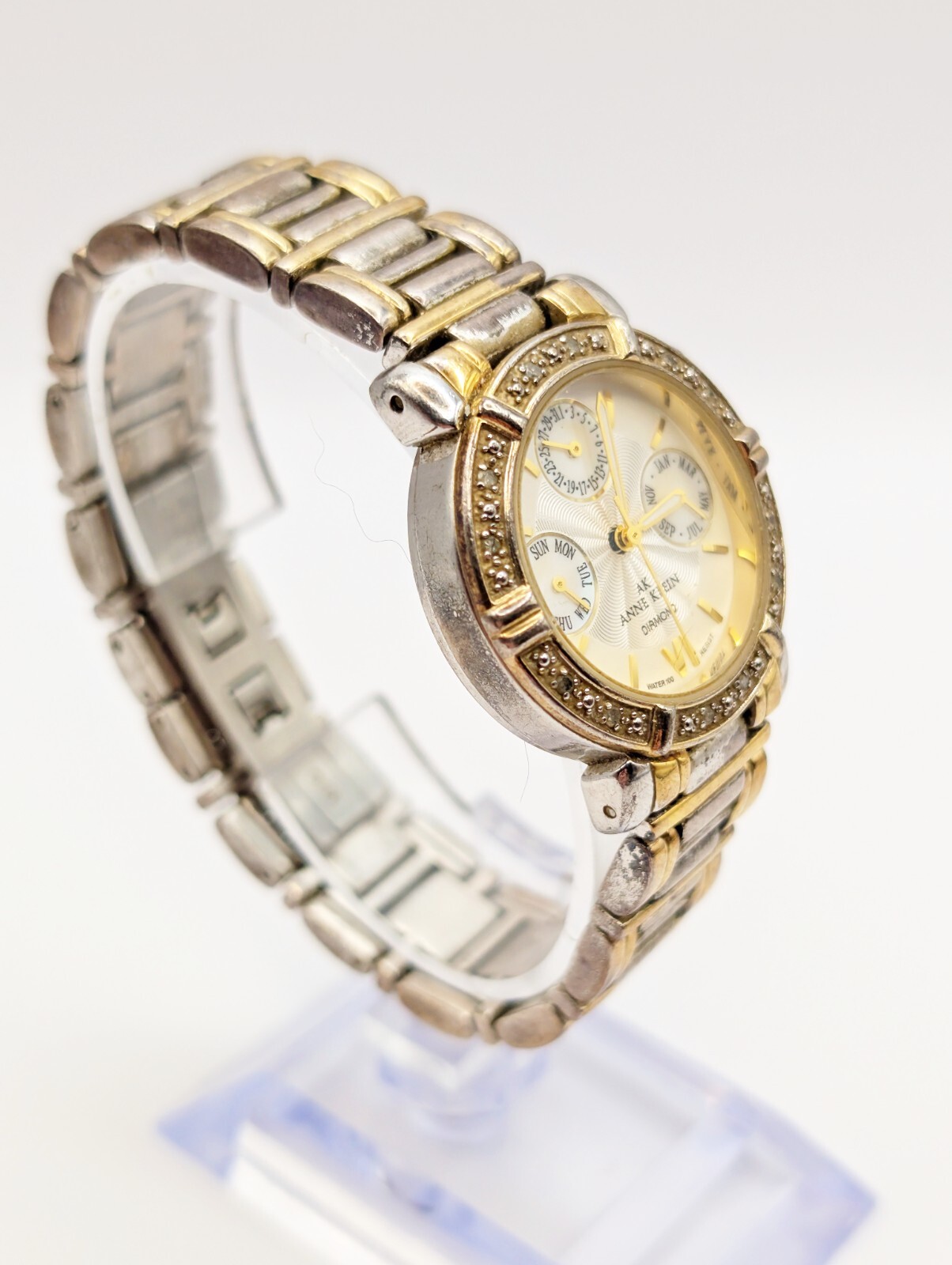 Anne Klein Diamond Two Tone Watch Keeps Time/Date/Day/Month WR 100ft New Battery