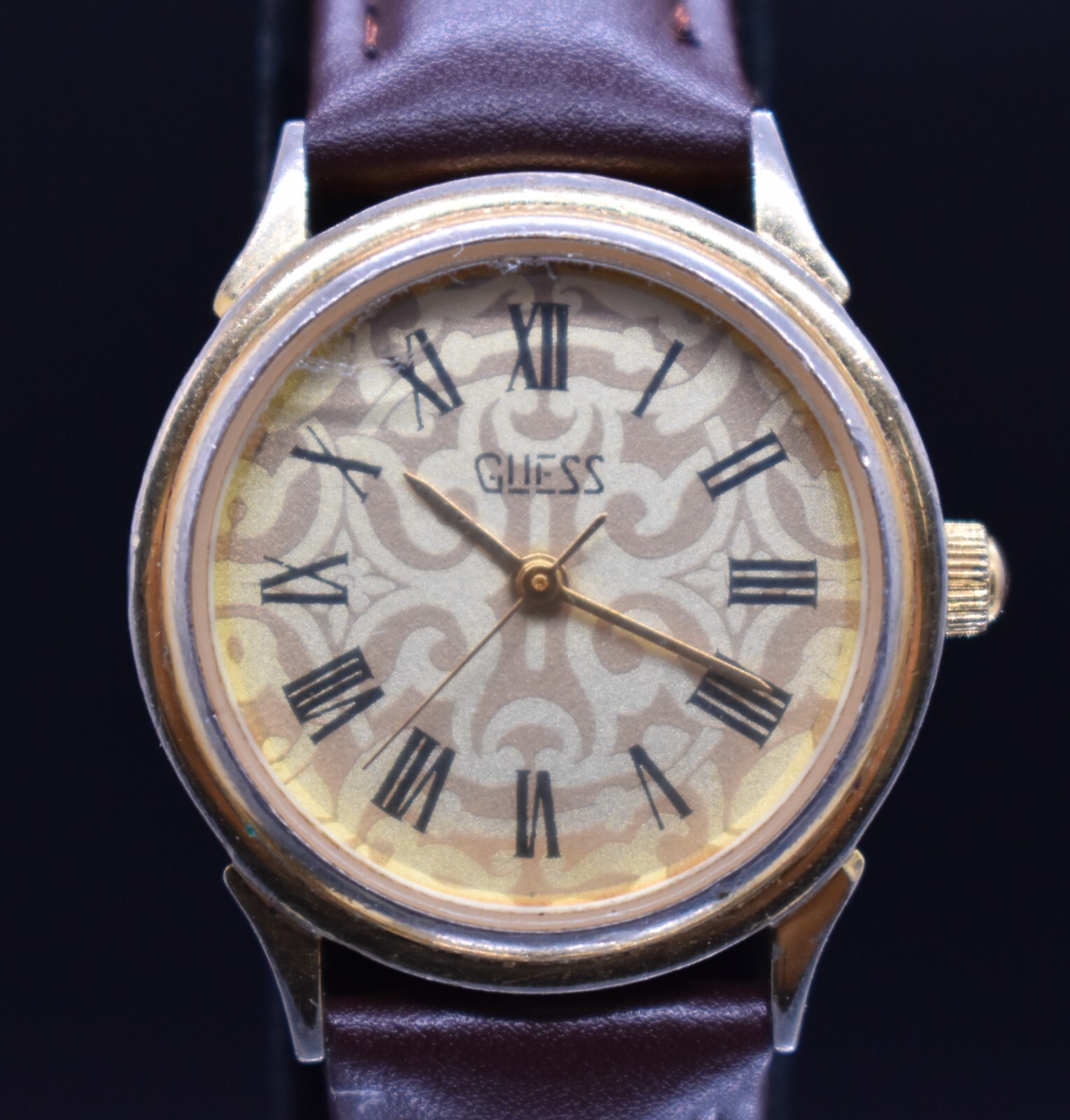 Vtg GUESS 1989 Women’s Watch Gold Tone Geometric Dial Leather NEW BATTERY & BAND