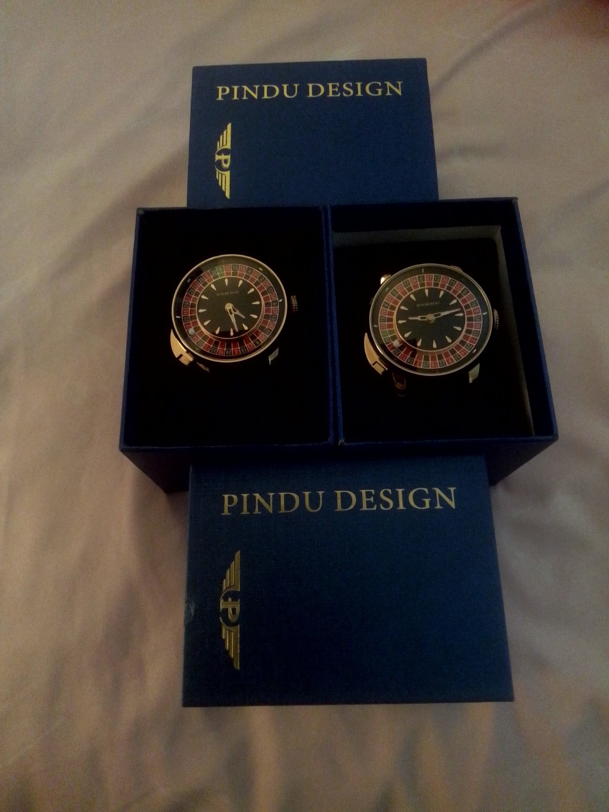 PINDU Roulette Dial Automatic Watch Gold Tone Case Black Leather Band 40mm 3ATM