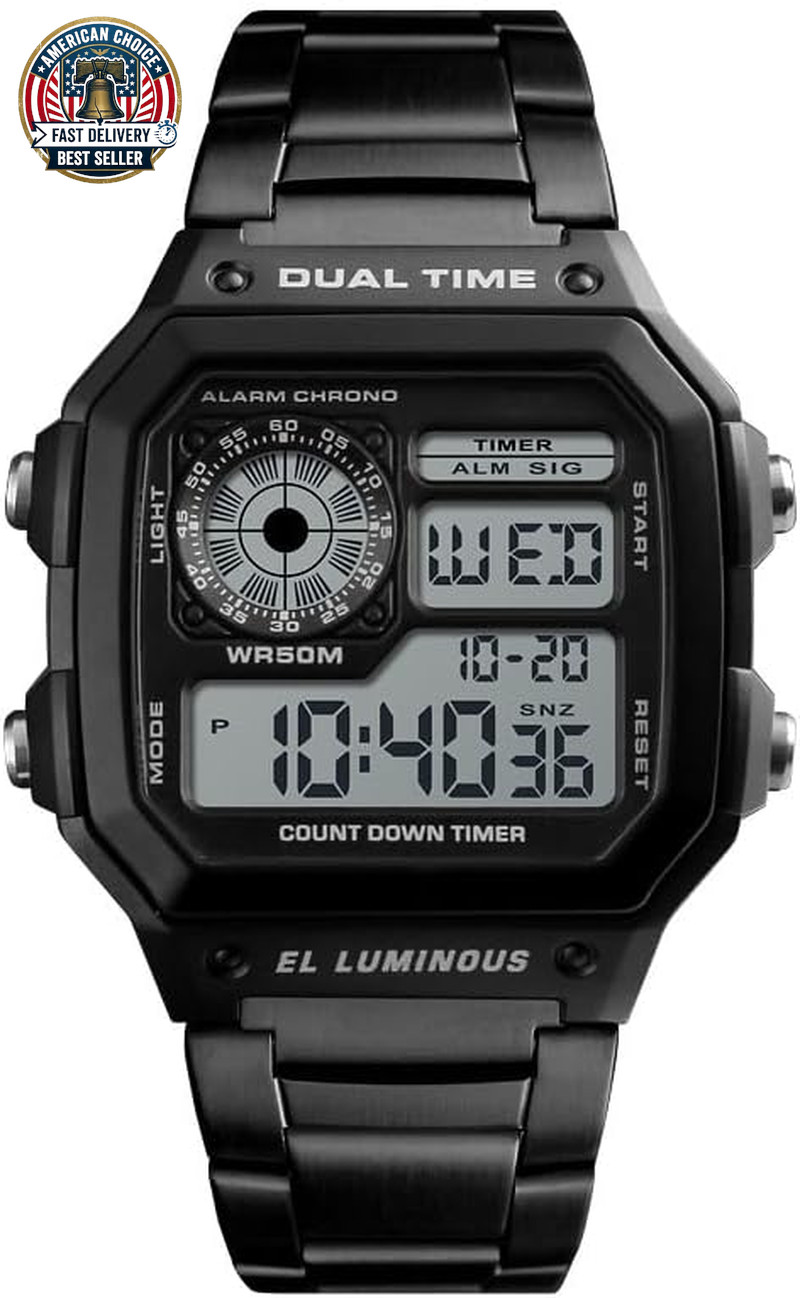 Men’S Digital Multi-Function Watches Dual Time Alarm Stopwatch Countdown Backlig