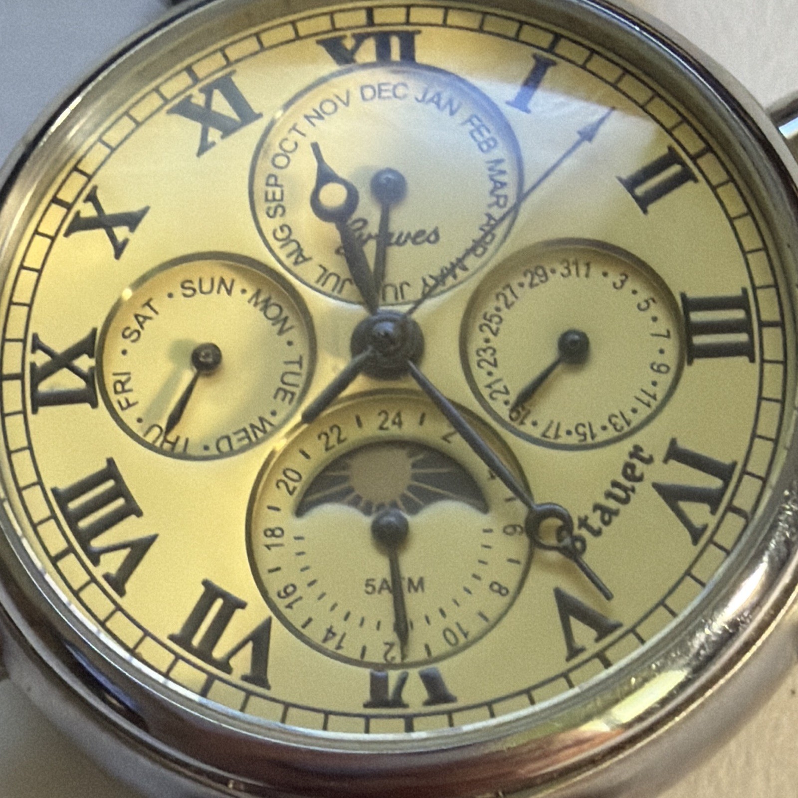 Stauer Osiris Quartz Moon Phase Day/Date Cream Roman Dial Brown Leather 50m
