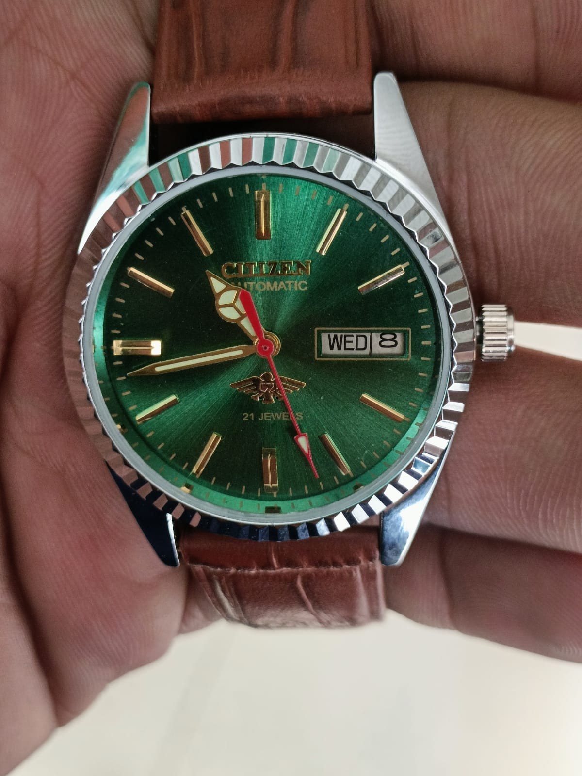 Citizen Automatic Green Dial Day/Date 21 Jewels Stainless Steel Mens Wrist Watch