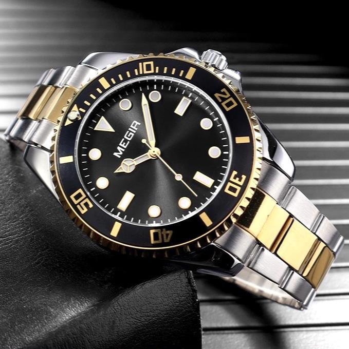 44MM MEGIR Luxury Quartz Watch Men’s Diver 30M Waterproof Stainless Luminous NEW