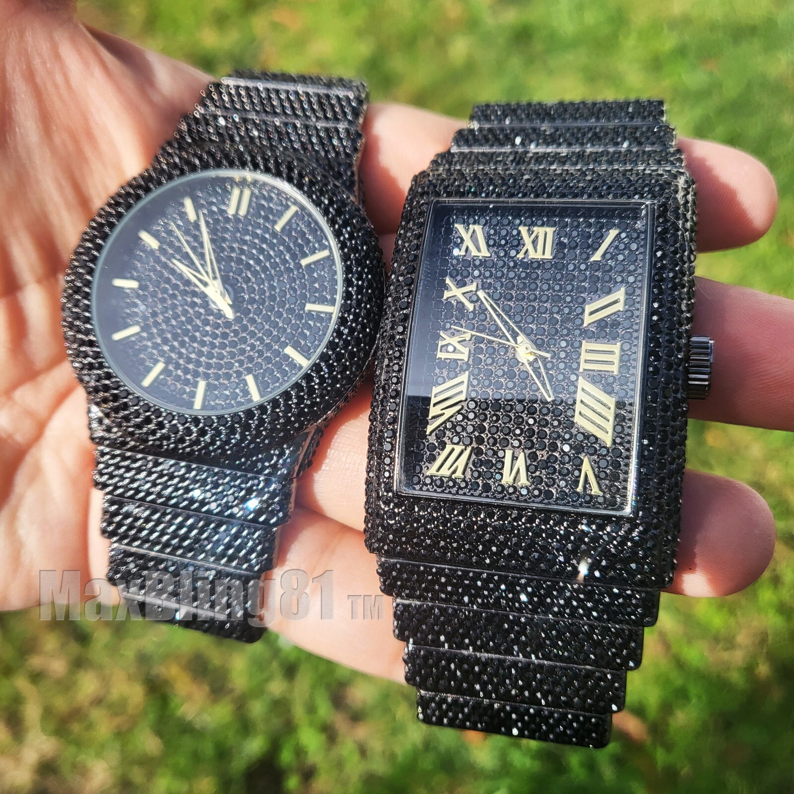 Hip Hop Watch Men Full Iced Band Luxury Bling Black Simulated Diamond Bracelet
