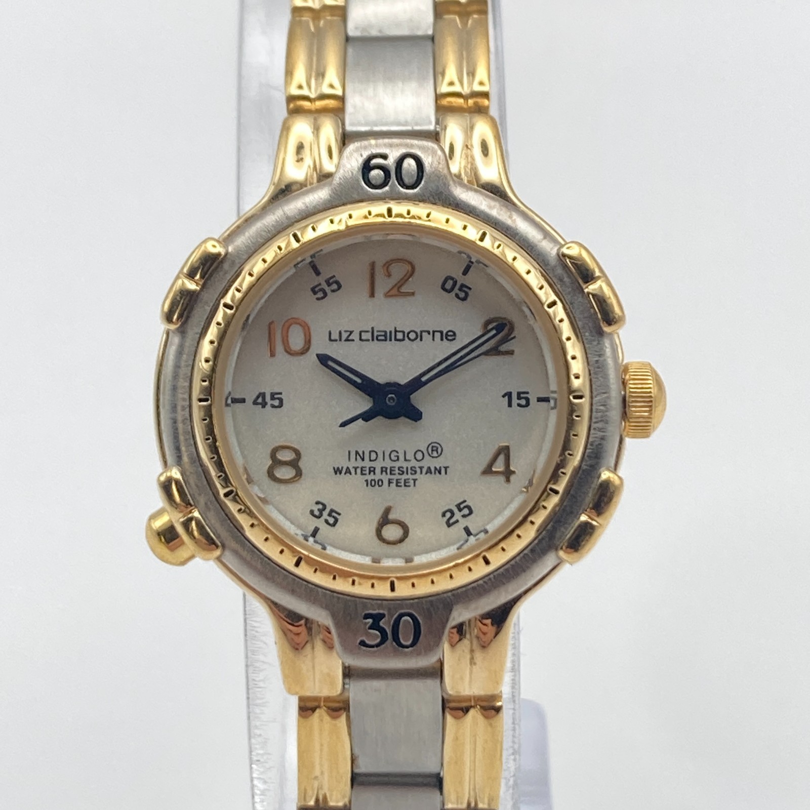 Vintage Liz Claiborne Womens Watch Indiglo Silver Gold Tone New Battery SMALL 6″