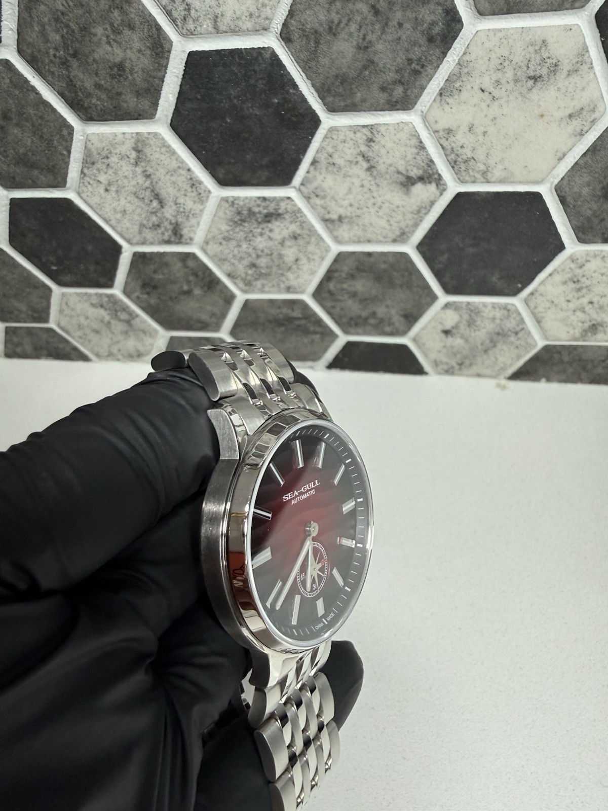Seagull Automatic Mechanical Red/Black Dial Lume Small Sec SS Bracelet 50m