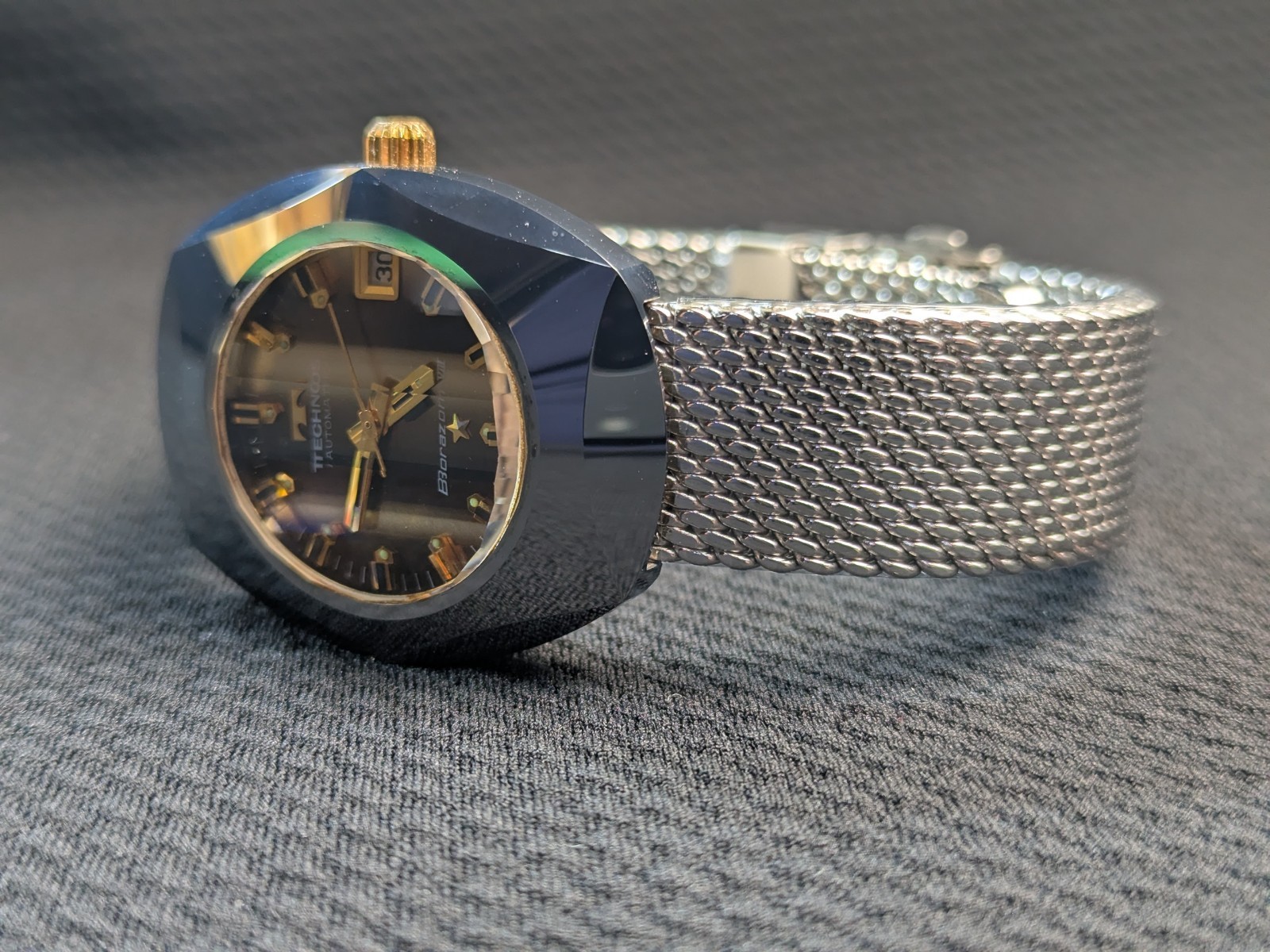 Vintage Technos Borazon VIII Automatic Swiss Made ETA Watch Tungsten Faceted 70s