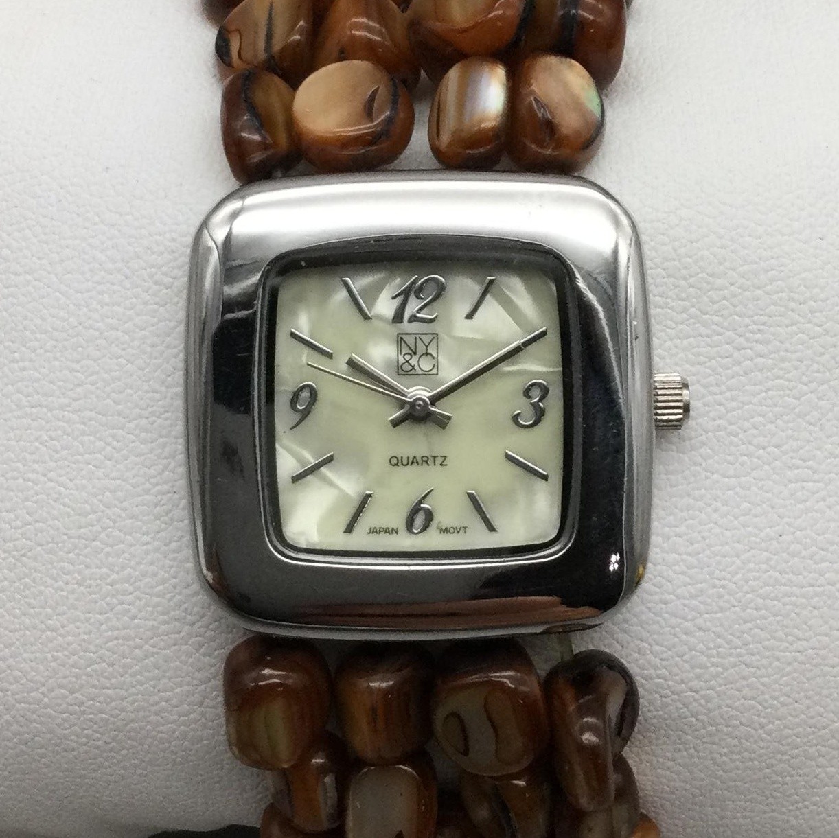 NY&C Womens Watch 28mm Silver Tone Brown Beaded Bracelet NY3168 New Battery