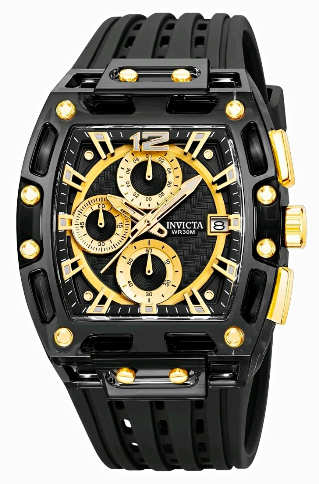 Invicta Quartz Chronograph Watch Date 30m Black/Gold Dial Silicone Strap