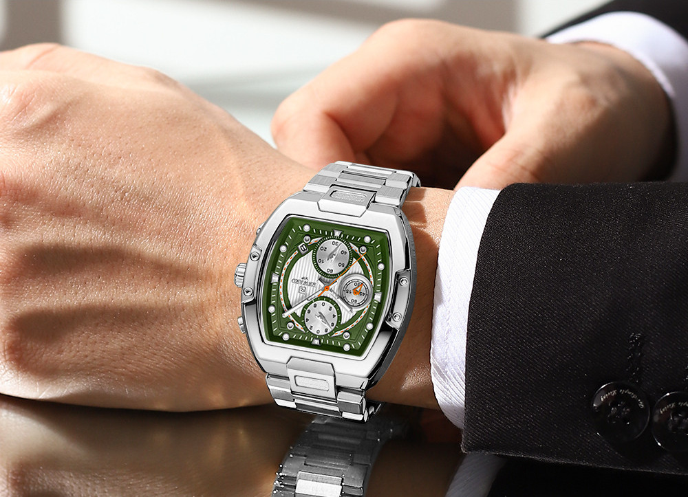REWARD Men’s Tonneau Multifunction Chronograph Calendar Luminous Quartz Watch