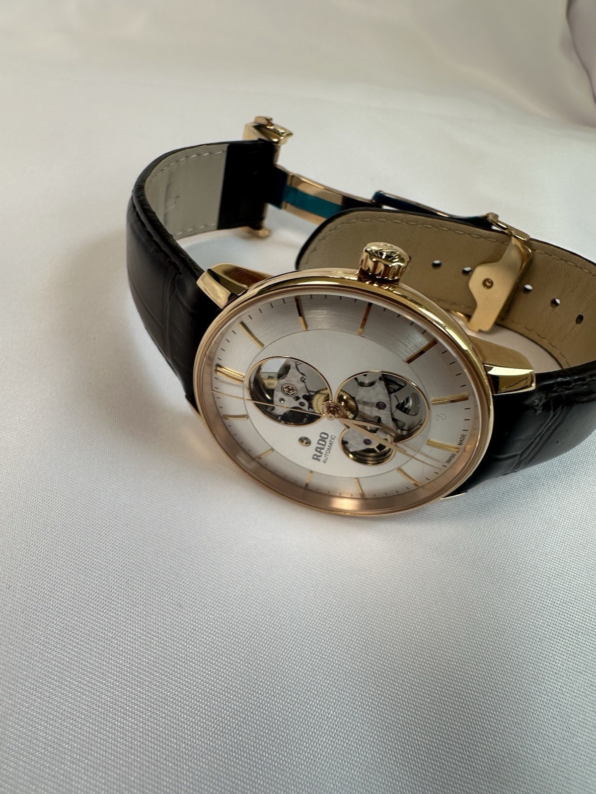 Rado Coupole Skeleton Dial Automatic Gold Tone Case Black Leather 41mm Box