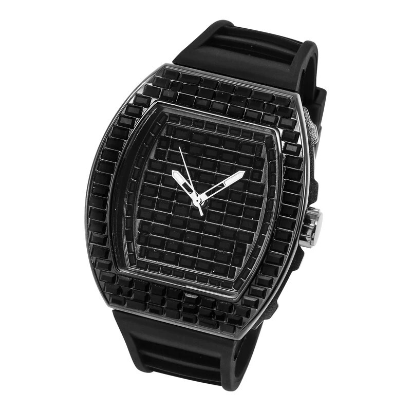 Men Hip Hop Watch Iced Bling Black Baguette Stone Silicone Band Luxury Fashion