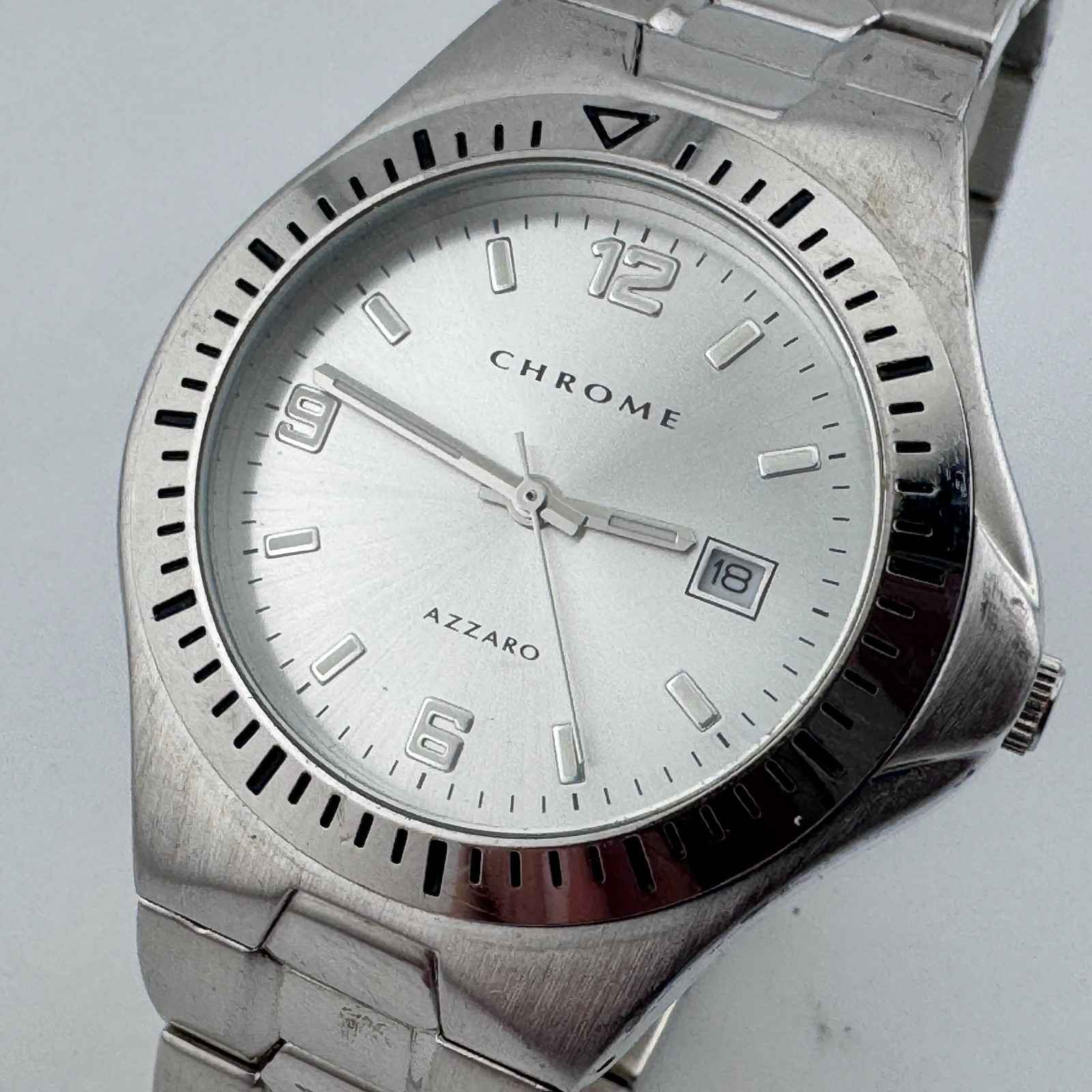 Chrome Azzaro Quartz Watch Men 30m Silver Rotating Bezel Analog New Battery 7.5″