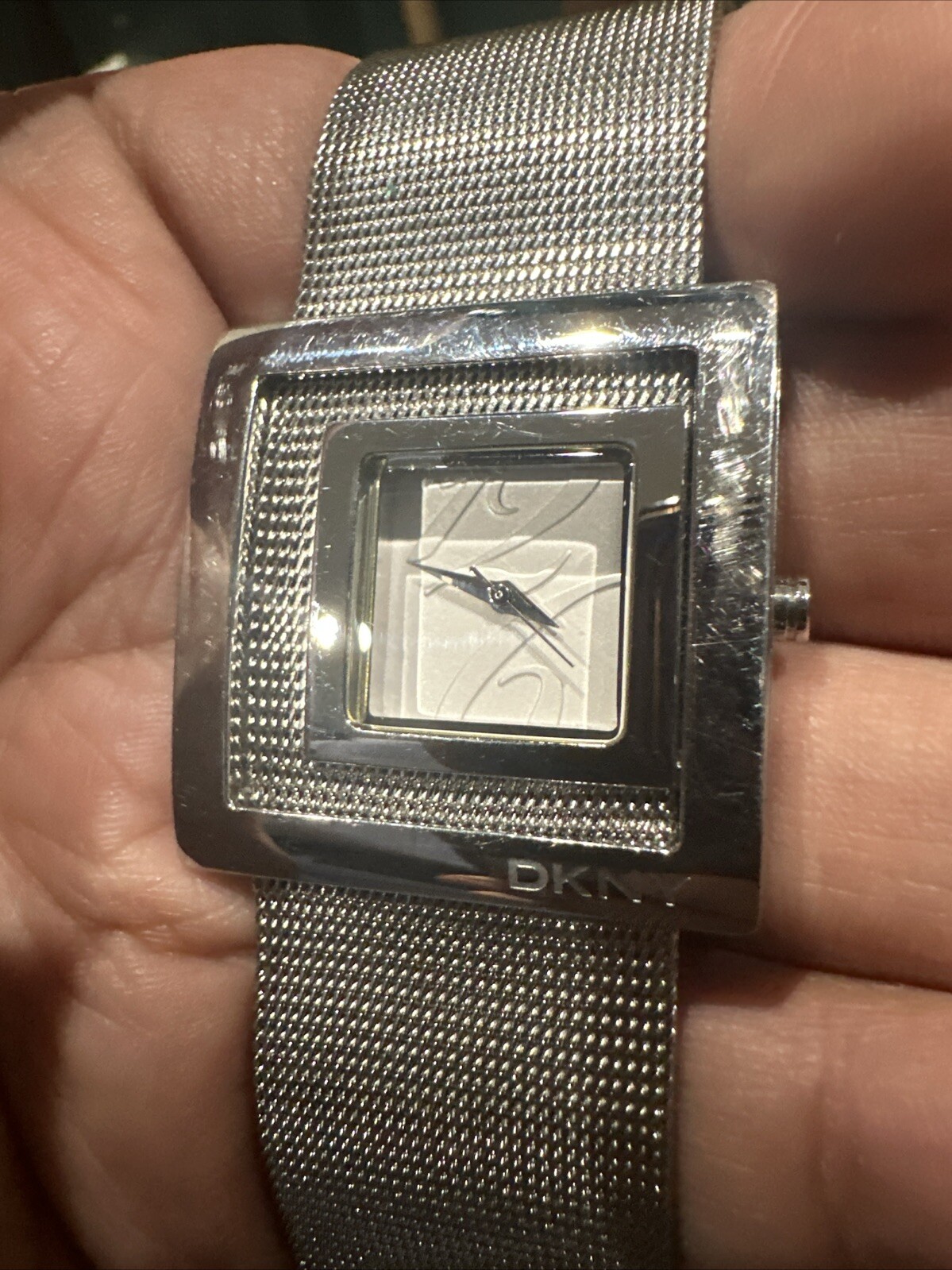 *Working* DKNY Double Square Watch Stainless Steel Silver Mesh Fancy Bracelet
