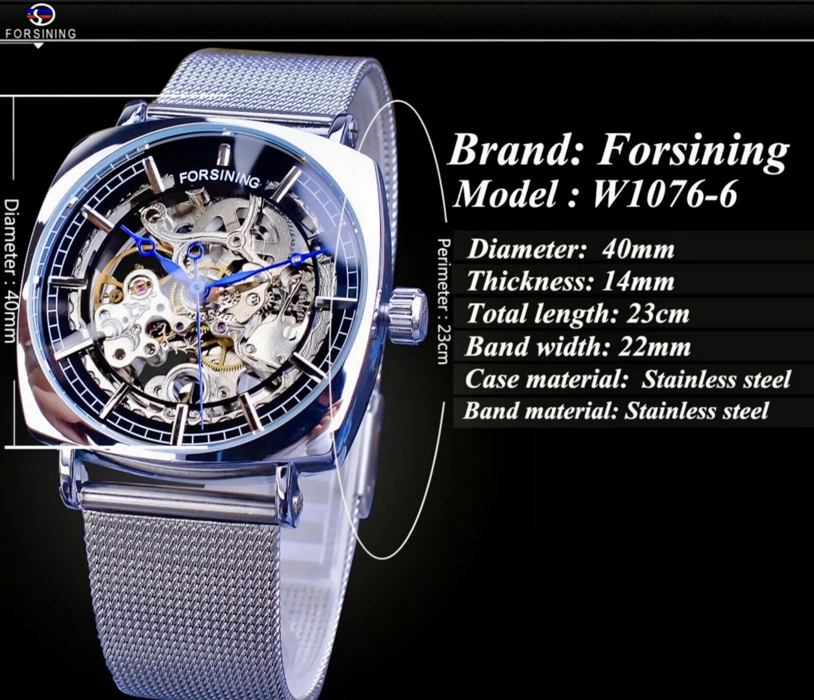 FORSINING Skeleton Transparent Self Winding Watch Stainless Mesh Band. Gift Idea