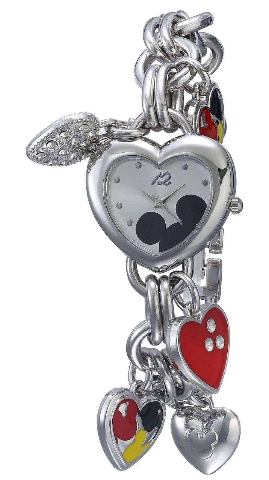 Accutime Disney Mickey Mouse Charm Bracelet Watch -Silver-Tone Heart Design