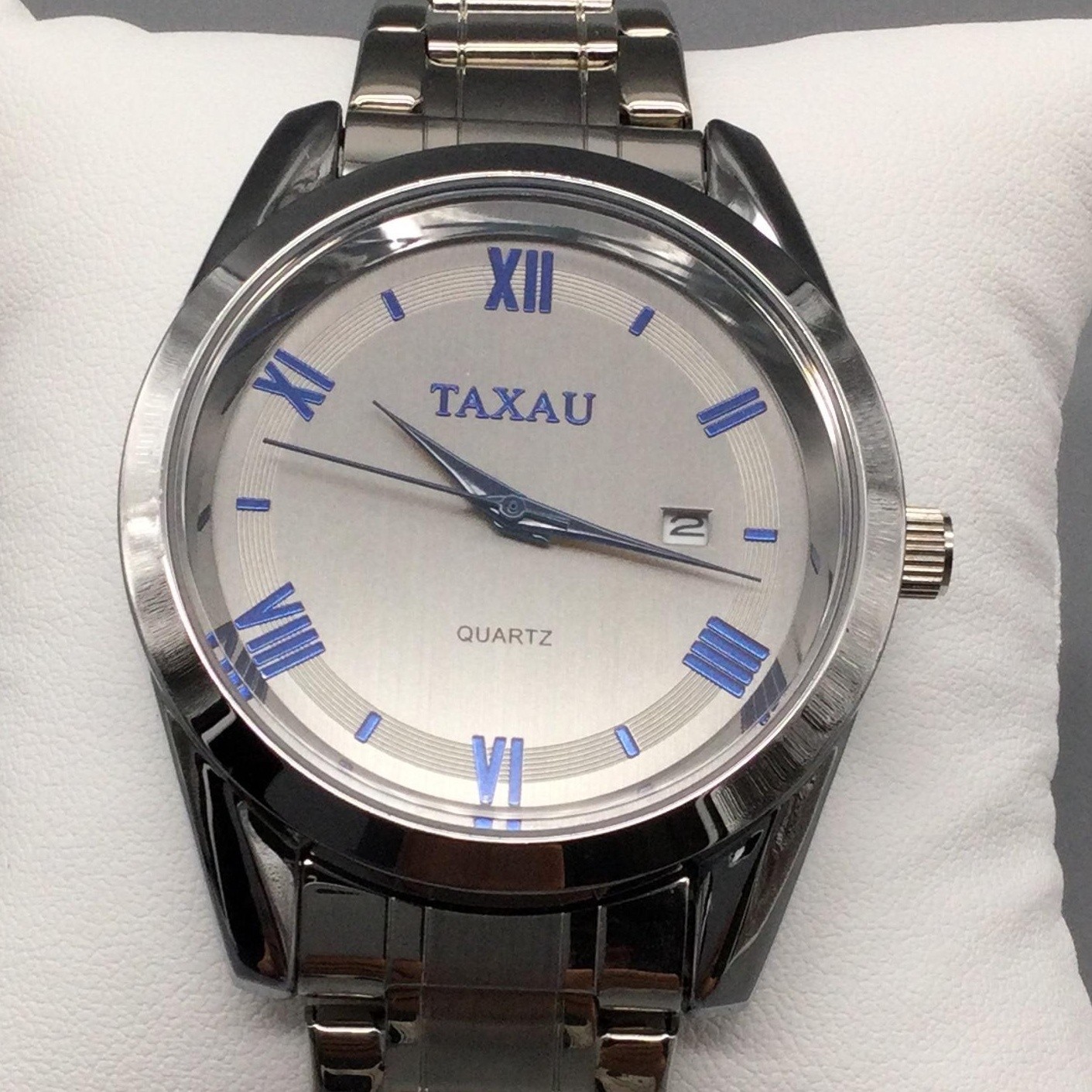 TAXAU Mens Watch 41mm Silver Dial Blue Roman Stainless Date New Battery 8″