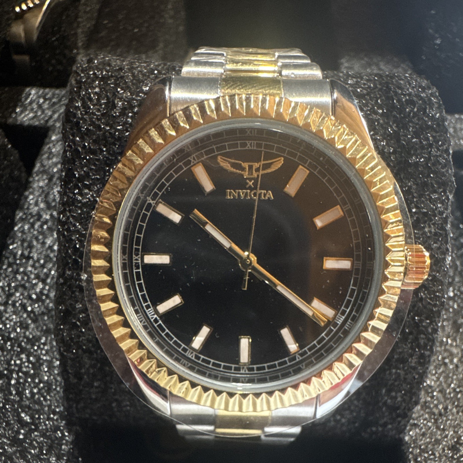 Invicta Men’s Quartz Two-Tone SS Bracelet Black Dial Fluted Bezel 30m