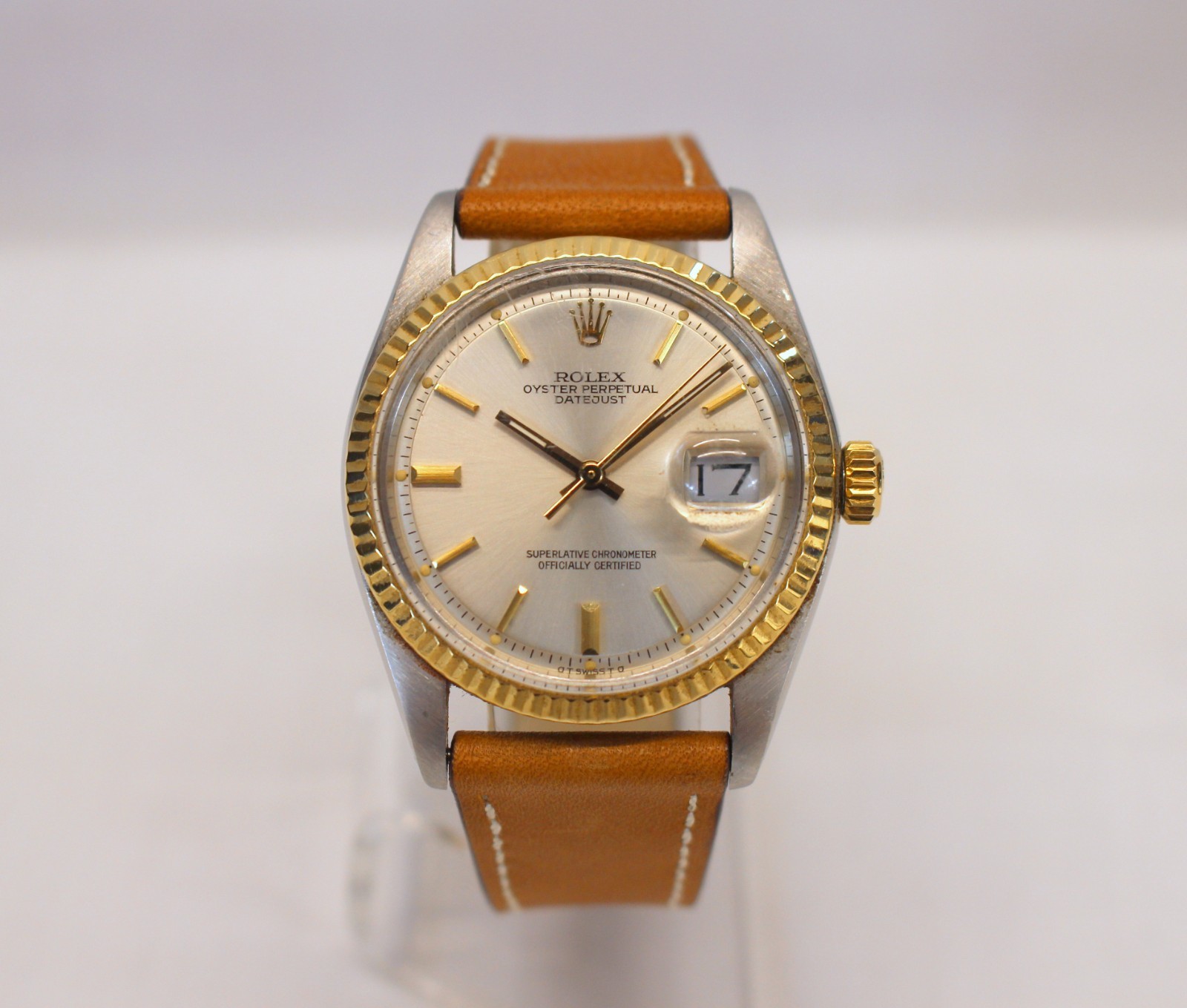 💥1974 ROLEX DATEJUST 1601 SIGMA PIE PAN DIAL 36mm Leather Strap TWO TONE💥