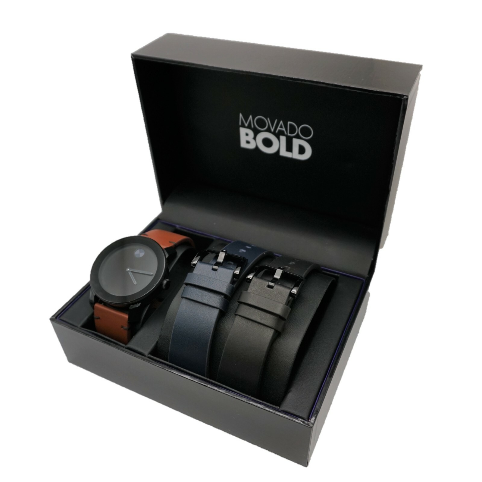 MOVADO BOLD 3600786 BLACK DIAL BROWN/BLUE/BLACK LEATHER STRAP MENS WATCH GIFTSET