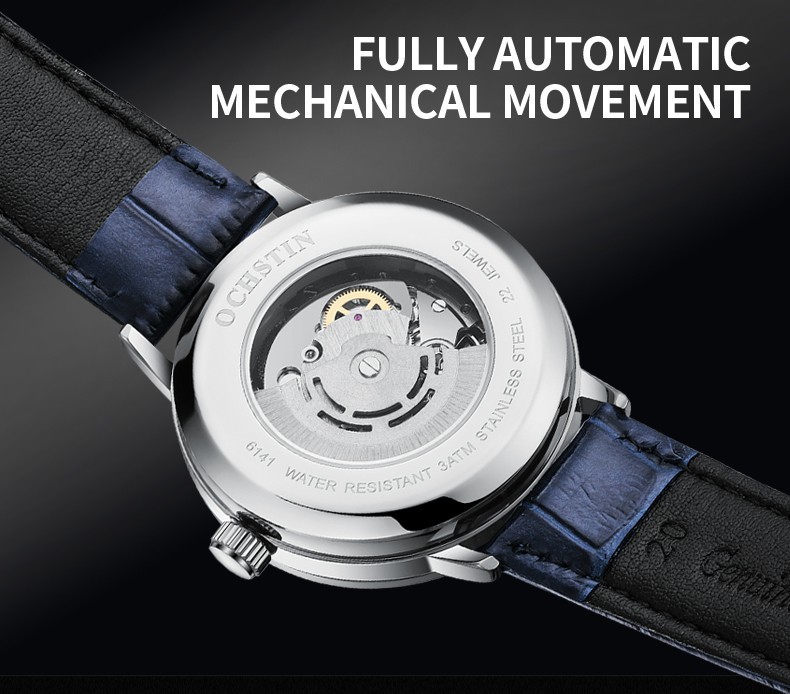 OCHSTIN Men’s Automatic Mechanical Watch Business 3ATM Day Date Leather Strap