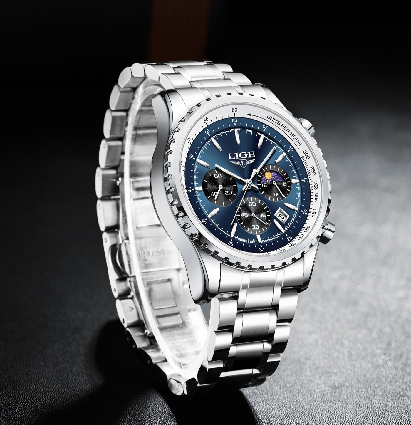 LIGE Men Watch Quartz Date Luminous Chronograph Waterproof Stainless Steel Watch
