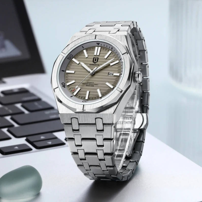 40MM QINGXIYA Quartz Men’s Watch Stainless Steel 30M Waterproof Luminous Analog