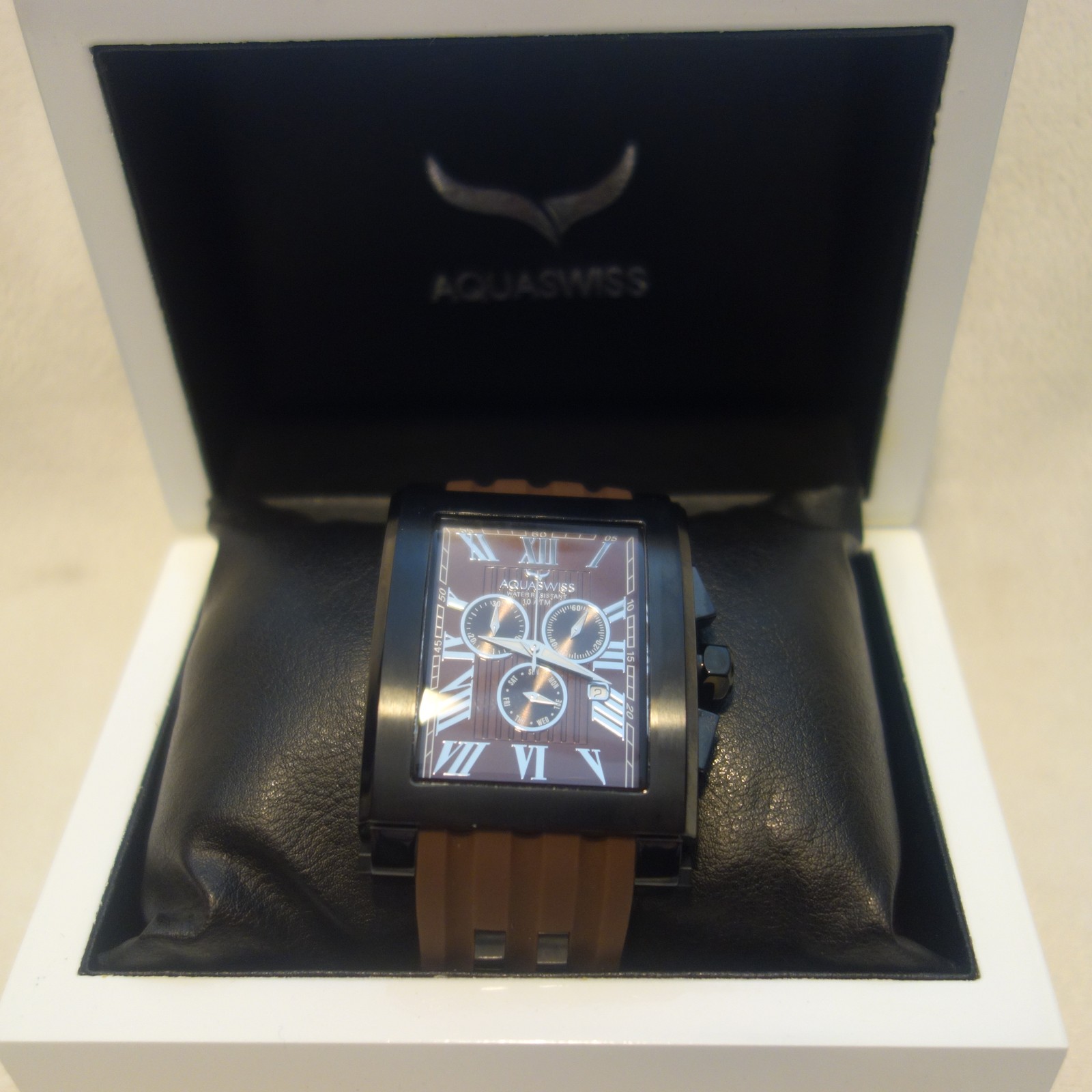AQUASWISS Men’s WATCH Chronograph brown bend black Case NEW $1600