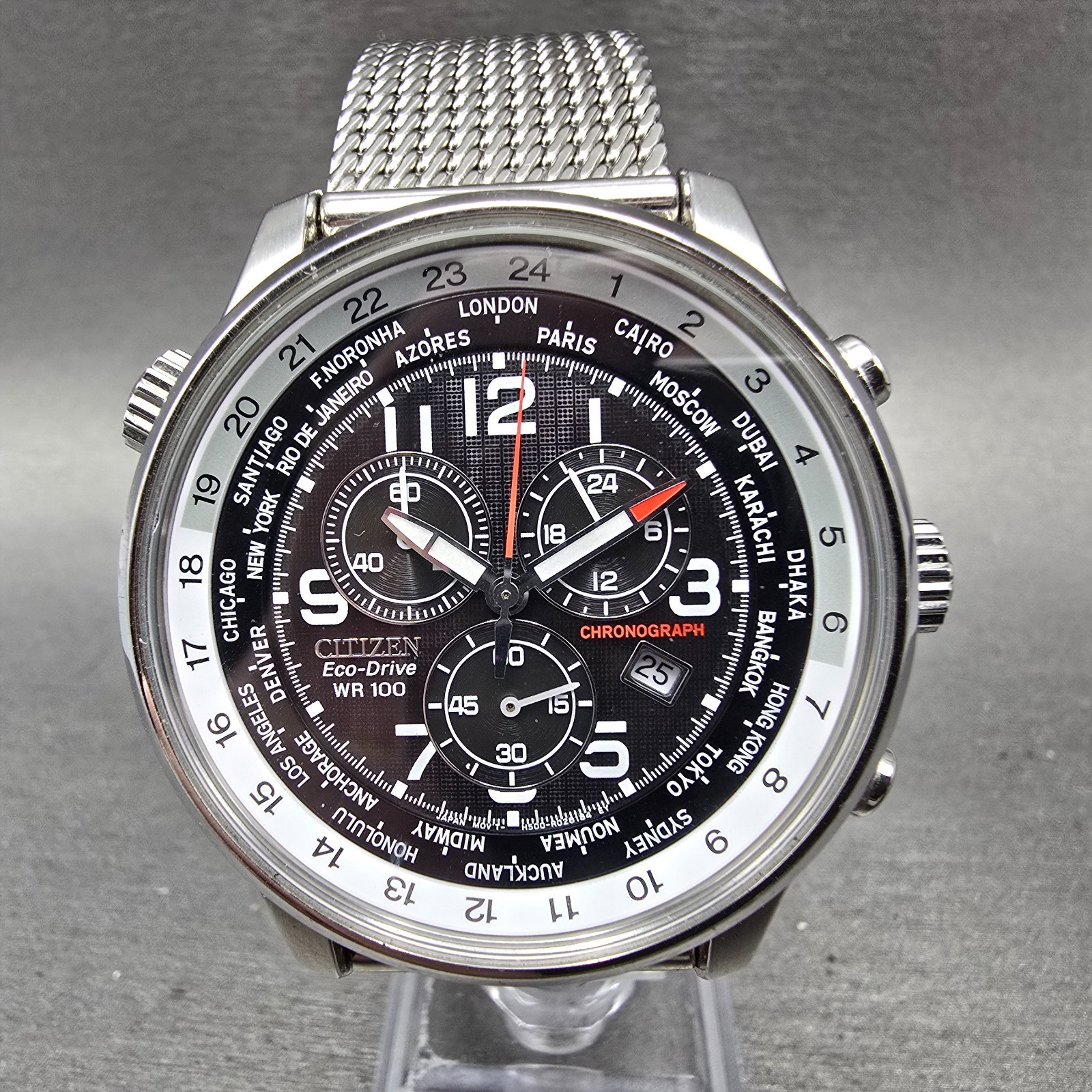 Citizen Eco-Drive World Timer Watch Men 43mm Black Dial Silver Tone Chrono Runs
