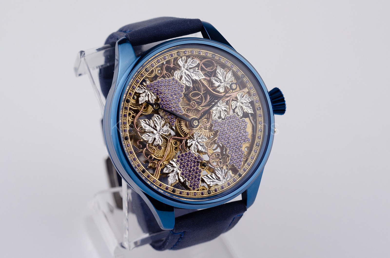 SWISS MOVEMENT SKELETON “GRAPE” ENGRAVED WRISTWATCH CUSTOM MADE MARRIAGE WATCH