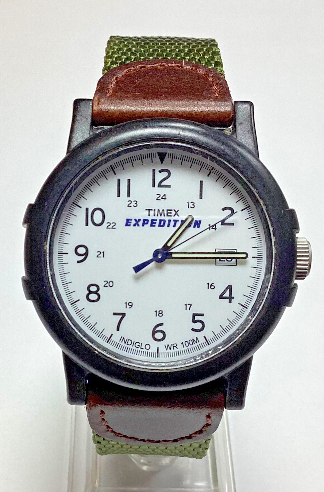 Timex Expedition Watch Black Green Canvas Brown Leather Date Quartz New Battery