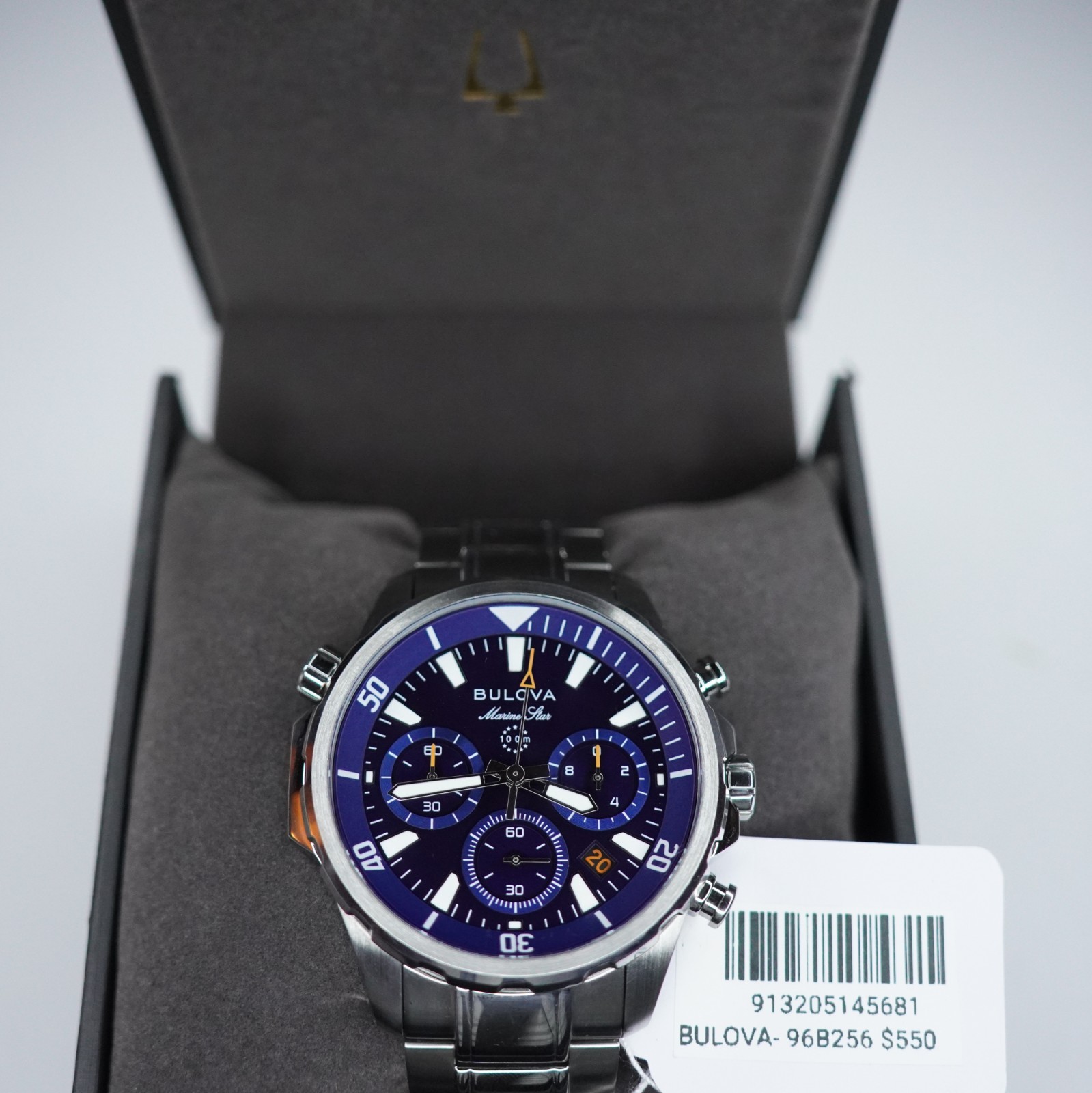 Bulova Marine Star 96B256 Blue Dial Chronograph Quartz Men’s Watch Box & Tags