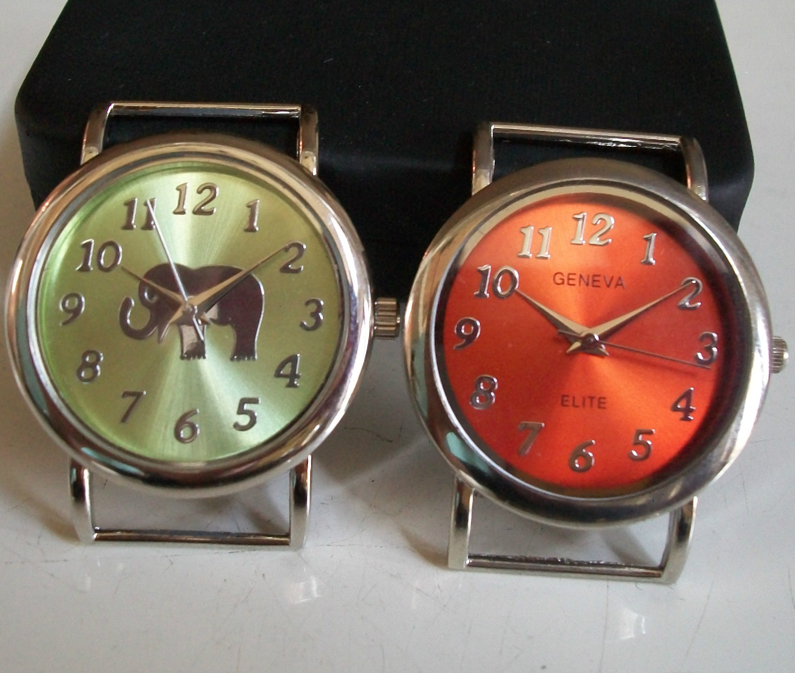 SET OF 2 ORANGE/GREEN ELEPHANT/PLAIN WATCH FACES FOR BEADING,RIBBON OR OTHER USE