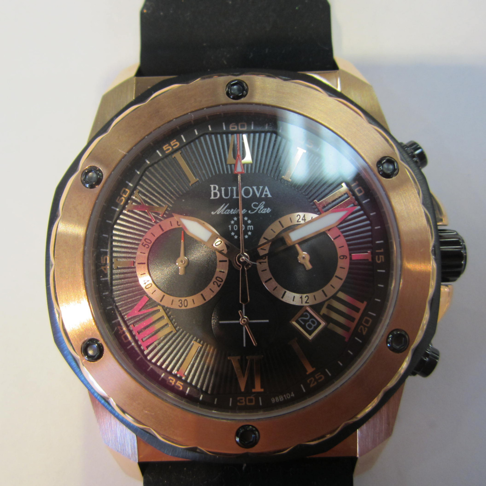 BULOVA MARINE STAR MEN’S WATCH CHRONO RUBBER ROSE GOLD SPORTS ORIGINAL 98B104
